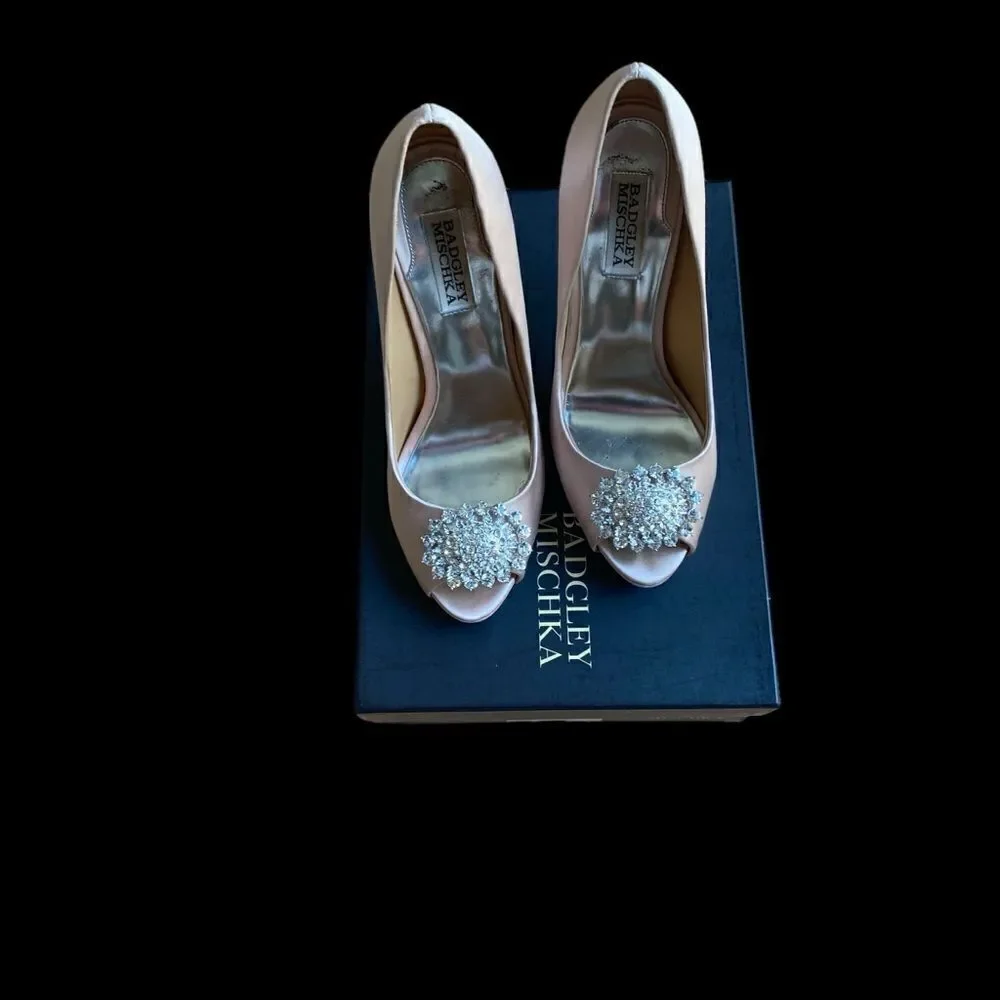 Badgley Mischka Pink Satin Lissa Crystal Open Toe Heels Box Dustbag Size 8